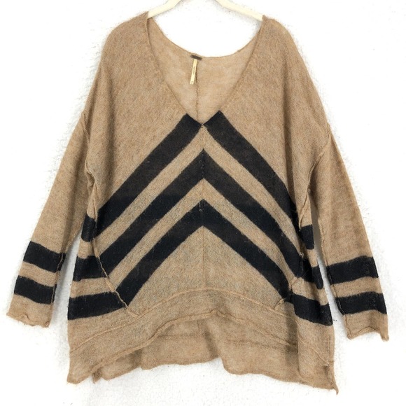 Free People Sweaters - Free People Womens M Tan Black Stripe Alpaca Sweater Pullover V-Neck 3/4 Sleeve